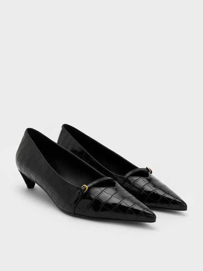 Charles & Keith Croc-Effect Buckled Pointed-Toe Kitten-Heel Pumps - Animal Print Black