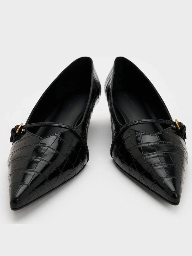 Charles & Keith Croc-Effect Buckled Pointed-Toe Kitten-Heel Pumps - Animal Print Black