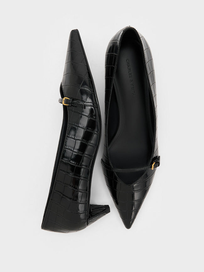 Charles & Keith Croc-Effect Buckled Pointed-Toe Kitten-Heel Pumps - Animal Print Black