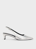 CHARLES & KEITH Croc-Effect Pointed-Toe Kitten-Heel Slingback Pumps_Animal Print Silver