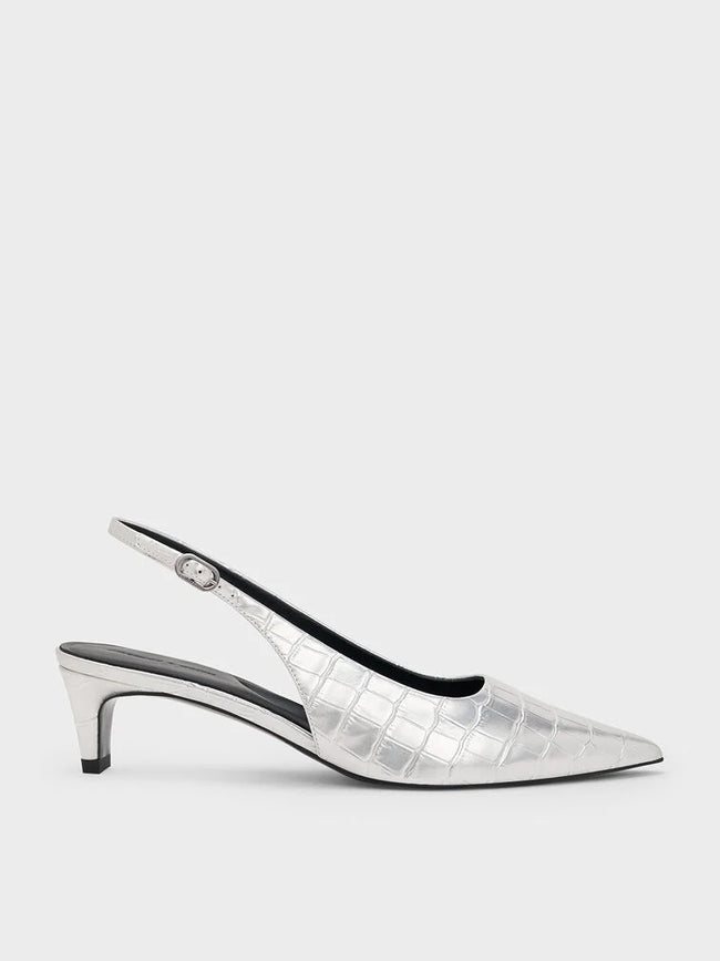 CHARLES & KEITH Croc-Effect Pointed-Toe Kitten-Heel Slingback Pumps_Animal Print Silver