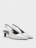 CHARLES & KEITH Croc-Effect Pointed-Toe Kitten-Heel Slingback Pumps_Animal Print Silver