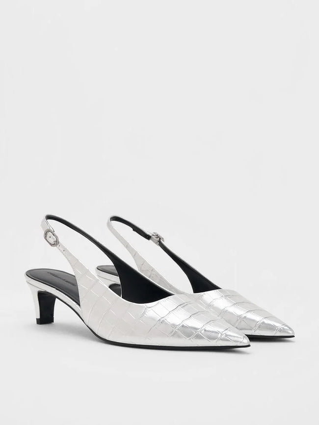 CHARLES & KEITH Croc-Effect Pointed-Toe Kitten-Heel Slingback Pumps_Animal Print Silver
