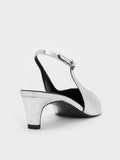CHARLES & KEITH Croc-Effect Pointed-Toe Kitten-Heel Slingback Pumps_Animal Print Silver