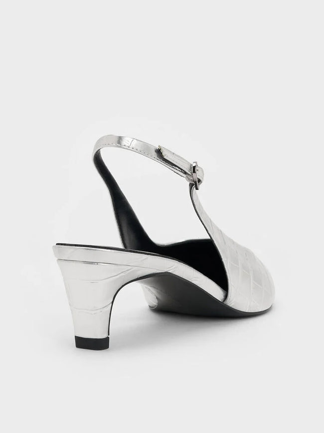 CHARLES & KEITH Croc-Effect Pointed-Toe Kitten-Heel Slingback Pumps_Animal Print Silver