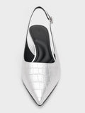CHARLES & KEITH Croc-Effect Pointed-Toe Kitten-Heel Slingback Pumps_Animal Print Silver