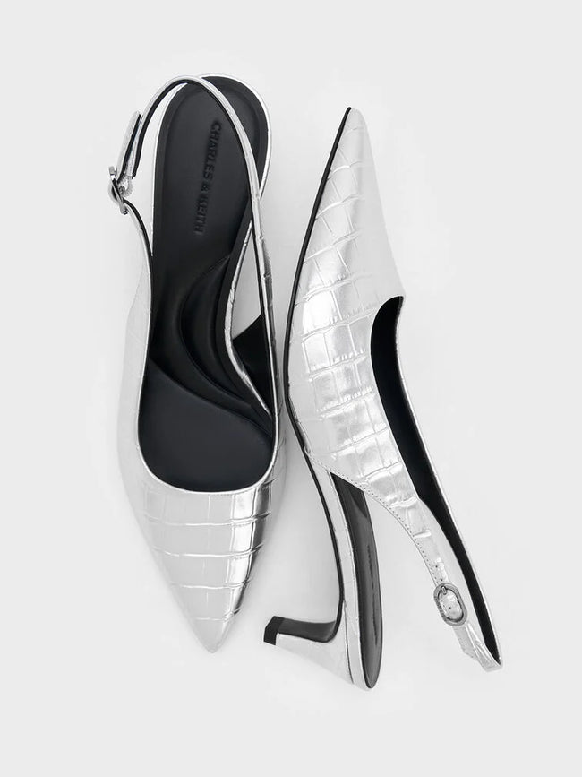CHARLES & KEITH Croc-Effect Pointed-Toe Kitten-Heel Slingback Pumps_Animal Print Silver