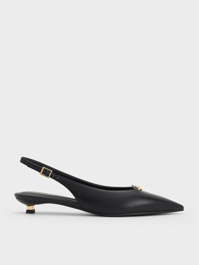 CHARLES & KEITH Metallic-Accent Kitten-Heel Slingback Pumps_Black