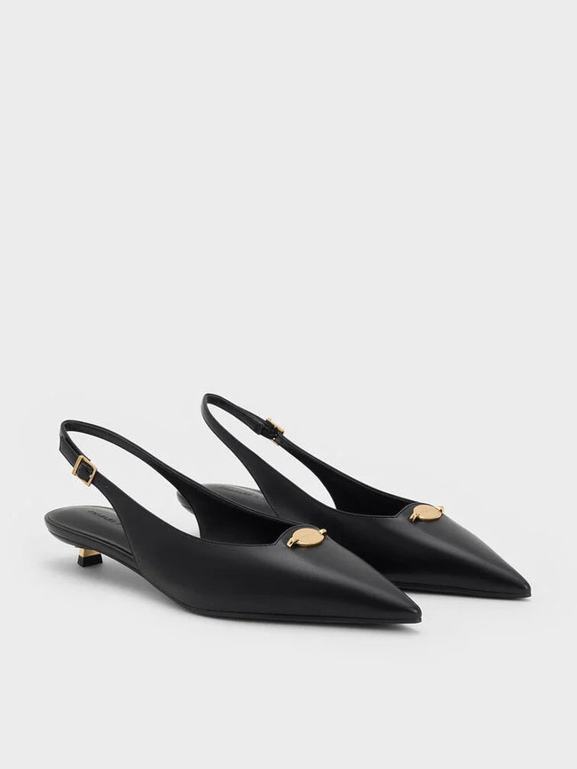 CHARLES & KEITH Metallic-Accent Kitten-Heel Slingback Pumps_Black