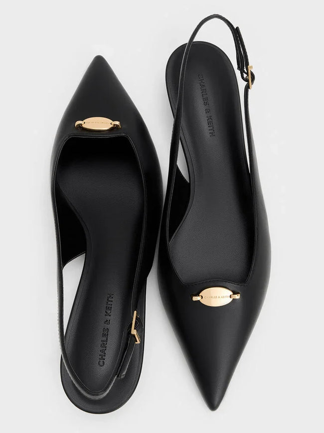 CHARLES & KEITH Metallic-Accent Kitten-Heel Slingback Pumps_Black