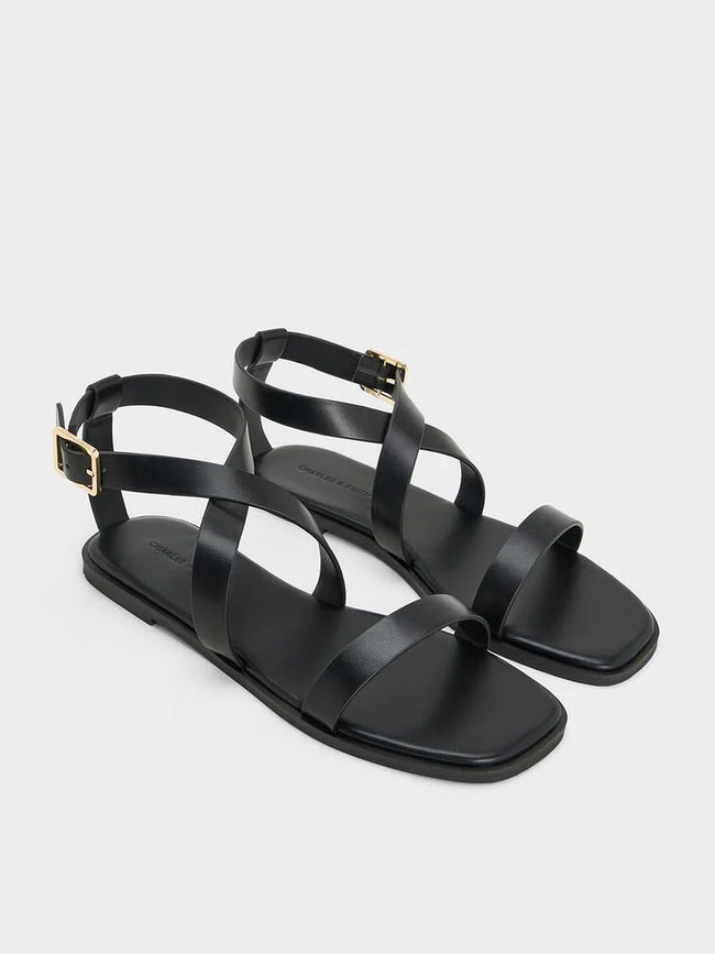 CHARLES & KEITH Crossover-Strap Square-Toe Sandals_Black