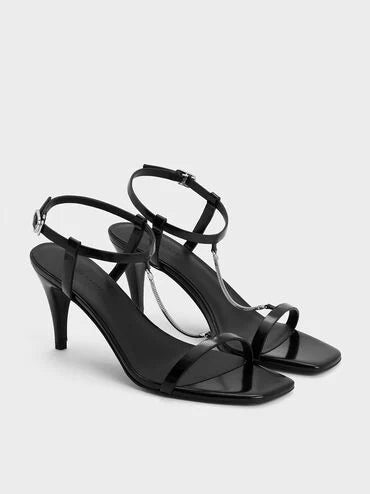 CHARLES & KEITH Chain-Strap Square-Toe Heeled Sandals_Black Box