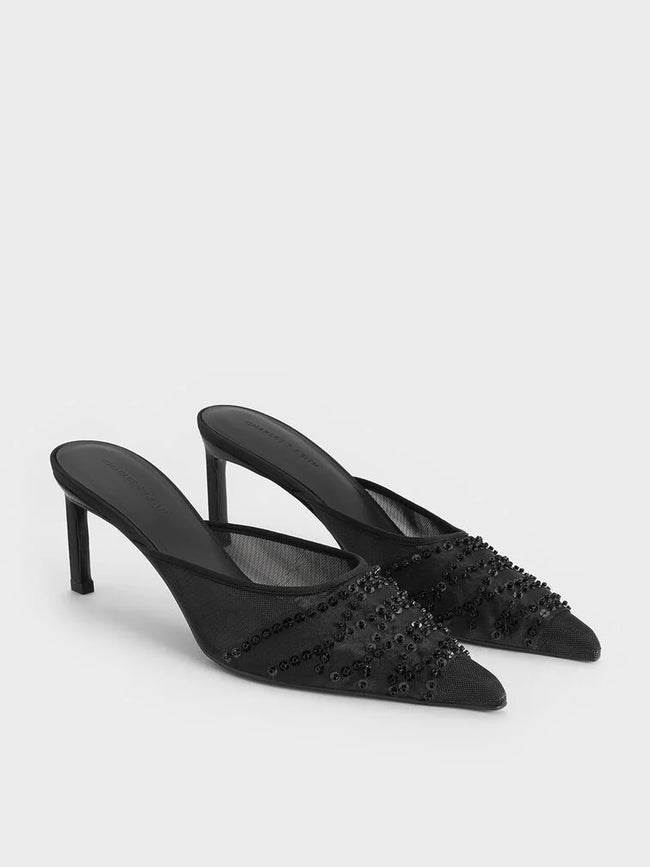 CHARLES & KEITH Mesh Sequinned Heeled Mules_Black Textured