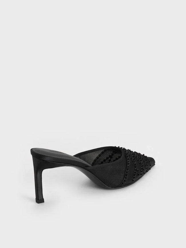 CHARLES & KEITH Mesh Sequinned Heeled Mules_Black Textured