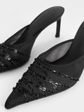 CHARLES & KEITH Mesh Sequinned Heeled Mules_Black Textured