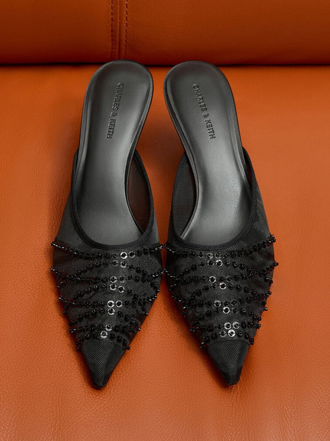 CHARLES & KEITH Mesh Sequinned Heeled Mules_Black Textured