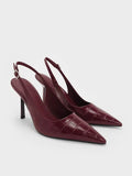 Croc-Effect Pointed-Toe Slingback Pumps _Animal Print Burgundy