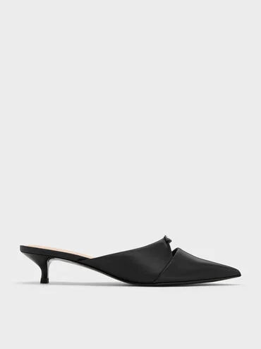CHARLES & KEITH Crystal-Buckle Pointed-Toe Kitten-Heel Mules_Black