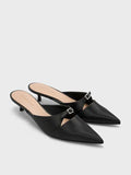 CHARLES & KEITH Crystal-Buckle Pointed-Toe Kitten-Heel Mules_Black