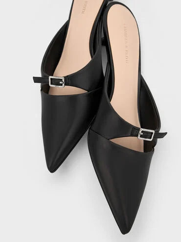 CHARLES & KEITH Crystal-Buckle Pointed-Toe Kitten-Heel Mules_Black