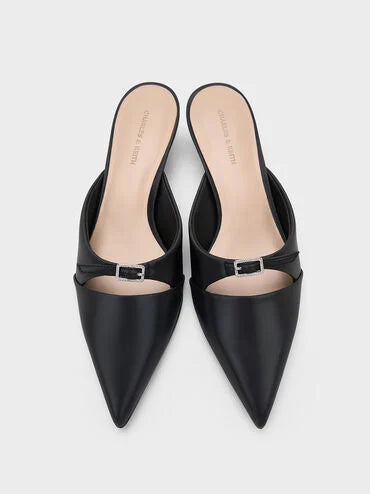 CHARLES & KEITH Crystal-Buckle Pointed-Toe Kitten-Heel Mules_Black