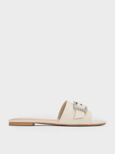 CHARLES & KEITH Gem-Buckle Square-Toe Slide Sandals_Chalk