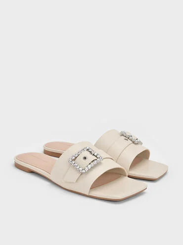 CHARLES & KEITH Gem-Buckle Square-Toe Slide Sandals_Chalk