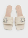 CHARLES & KEITH Gem-Buckle Square-Toe Slide Sandals_Chalk