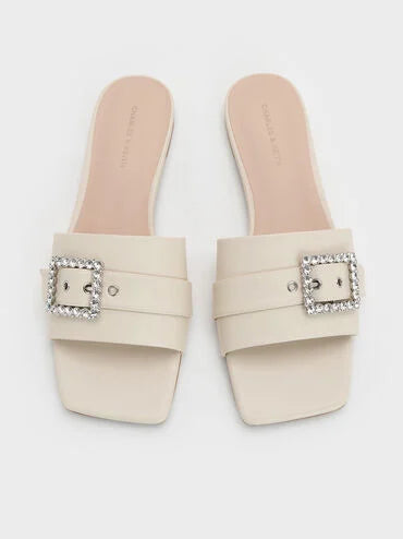 CHARLES & KEITH Gem-Buckle Square-Toe Slide Sandals_Chalk