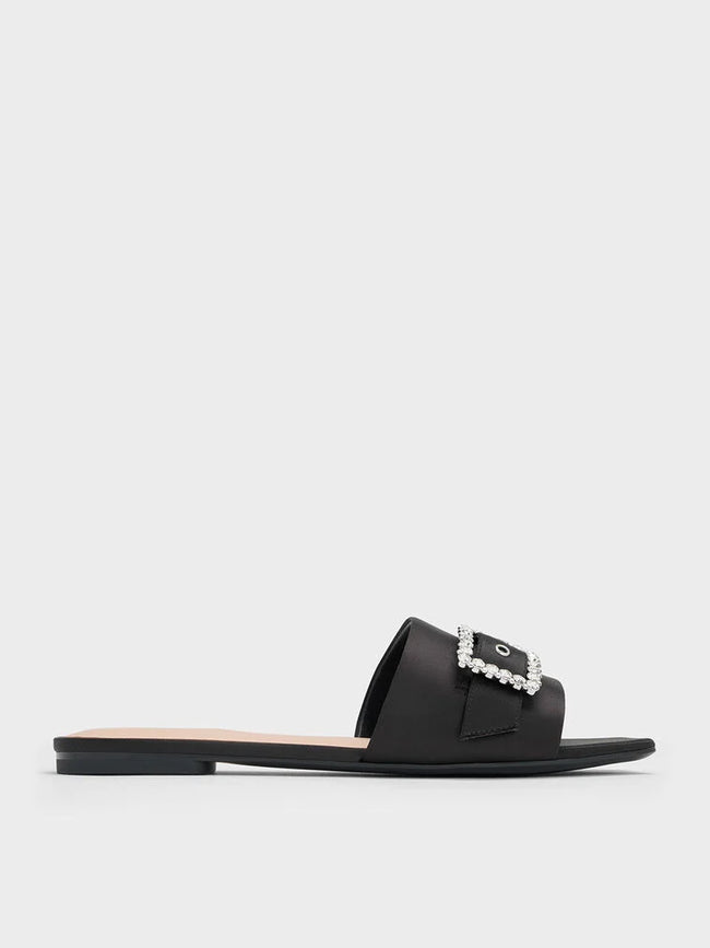 CHARLES & KEITH Gem-Buckle Square-Toe Slide Sandals_Black Textured