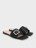 CHARLES & KEITH Gem-Buckle Square-Toe Slide Sandals_Black Textured