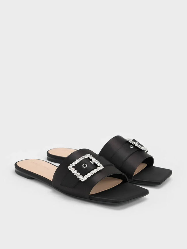 CHARLES & KEITH Gem-Buckle Square-Toe Slide Sandals_Black Textured