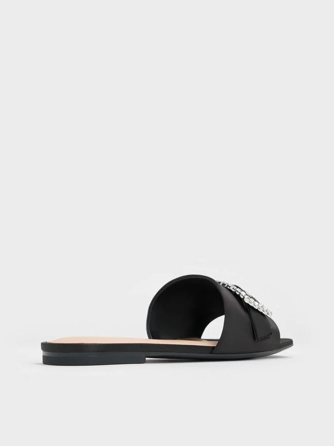 CHARLES & KEITH Gem-Buckle Square-Toe Slide Sandals_Black Textured