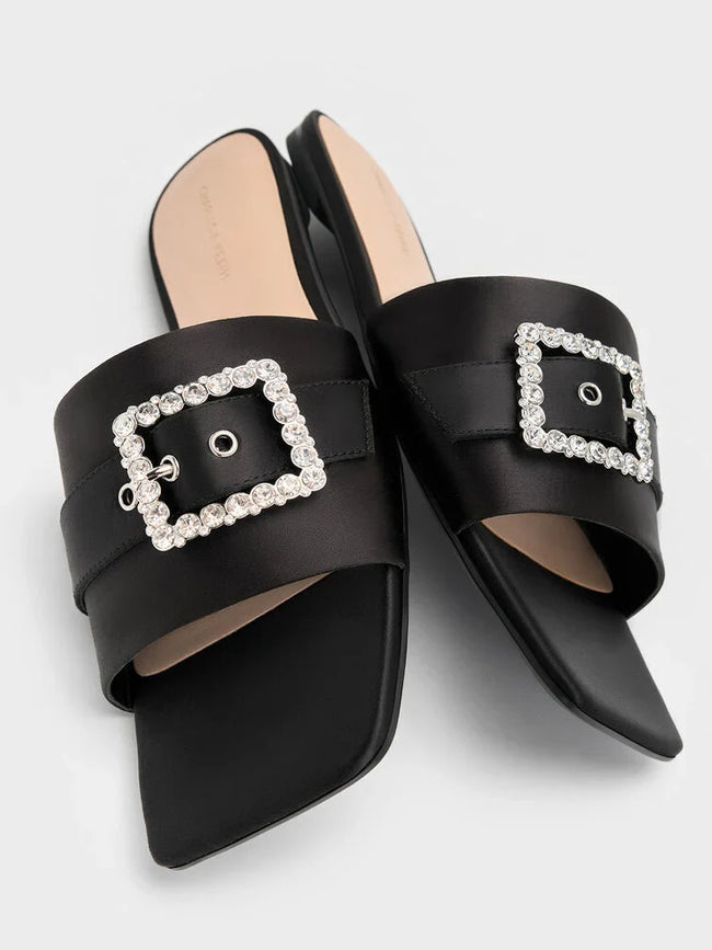 CHARLES & KEITH Gem-Buckle Square-Toe Slide Sandals_Black Textured