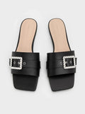 CHARLES & KEITH Gem-Buckle Square-Toe Slide Sandals_Black Textured