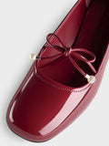 CHARLES & KEITH Women Barbara Patent Pearl-Bow Ballet Pumps -Red