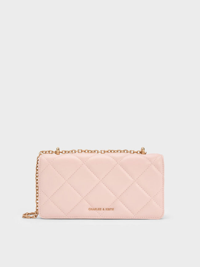 CHARLES & KEITH Women Paffuto Chain Handle Quilted Long Wallet _Soft Pink