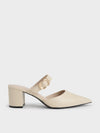 CHARLES & KEITH 
Metallic Accent Pointed-Toe Block-Heel Mules Chalk