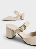 CHARLES & KEITH 
Metallic Accent Pointed-Toe Block-Heel Mules Chalk