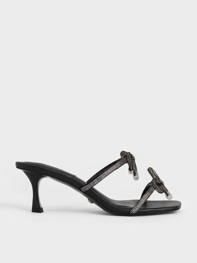 Gem-Embellished Bow-Tie Mules Black