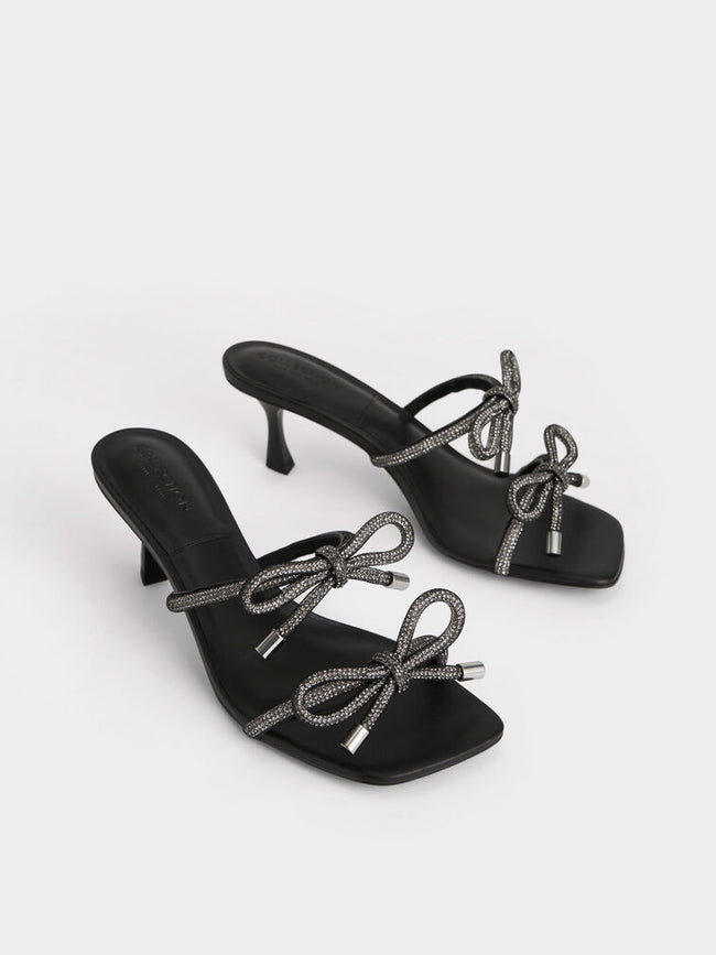 Gem-Embellished Bow-Tie Mules Black