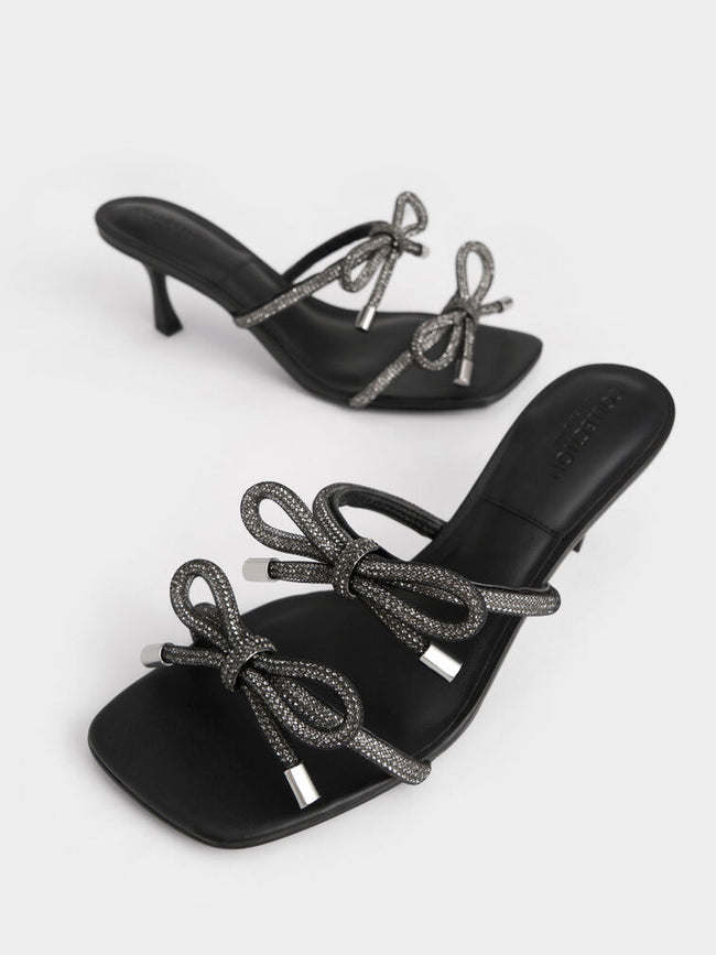 Gem-Embellished Bow-Tie Mules Black