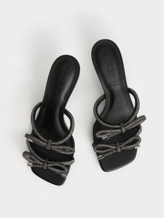 Gem-Embellished Bow-Tie Mules Black