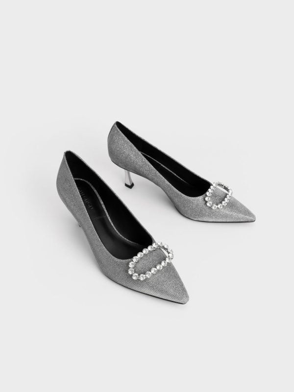 Gem-Embellished Glittered Pumps Pewter