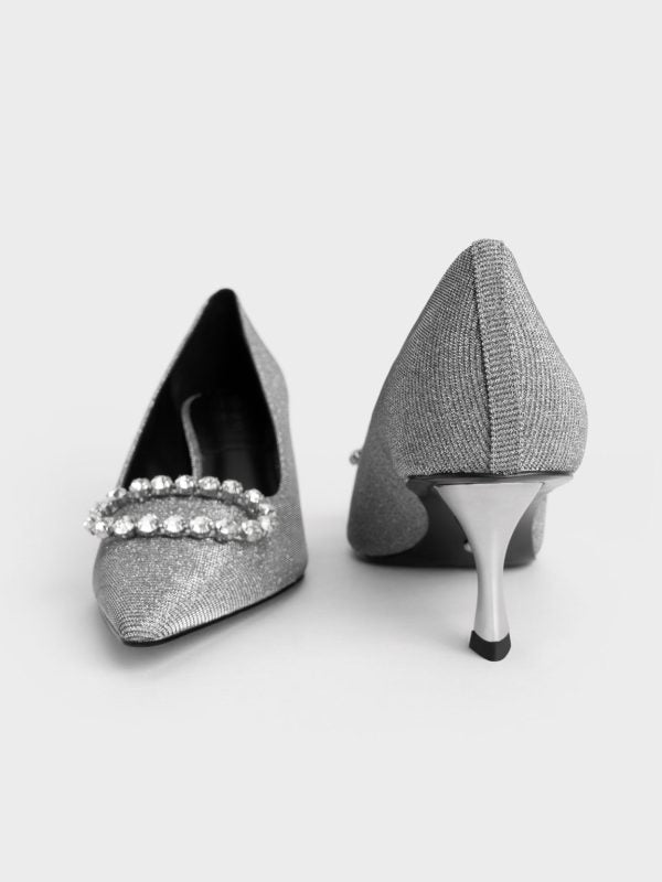 Gem-Embellished Glittered Pumps Pewter