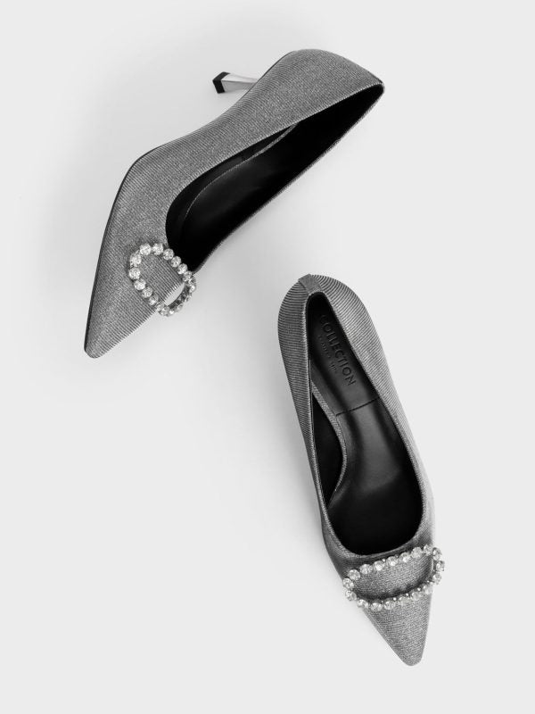 Gem-Embellished Glittered Pumps Pewter