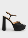 CHARLES & KEITH Bead-Embellished Leather Platform Sandals Black