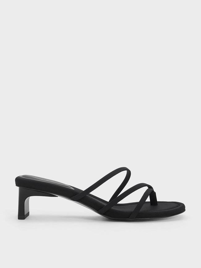 Women Blade Heel Thong Sandals Black Textured