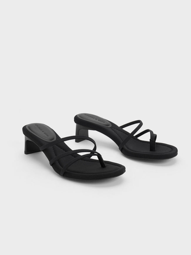 Women Blade Heel Thong Sandals Black Textured