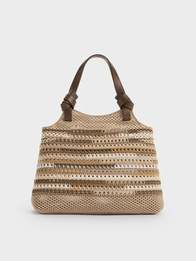CHARLES & KEITH Women Mini Ida Multi-Stripe Knitted Tote Bag - Multi Brown -Multi Brown